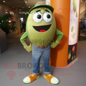 Olive Mandarin mascot costume character dressed with a Jeans and Shoe laces