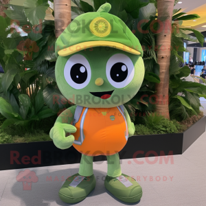 Olive Mandarin mascot costume character dressed with a Jeans and Shoe laces