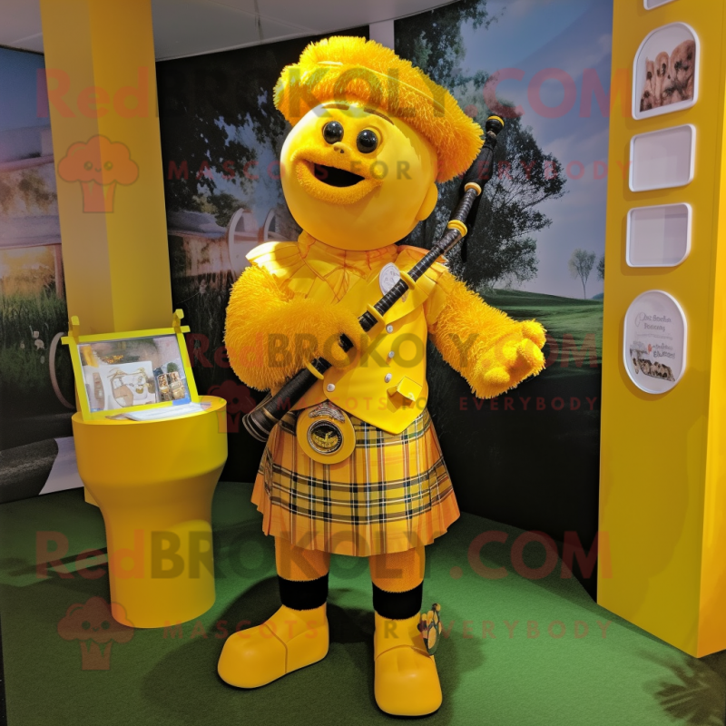 Yellow Bagpipe mascot costume character dressed with a Playsuit and Handbags Yellow Bagpipe mascot costume character dressed with a Playsuit and Handbags