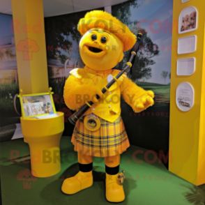 Yellow Bagpipe mascot costume character dressed with a Playsuit and Handbags