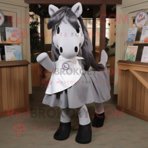 Gray Horseshoe mascot costume character dressed with a A-Line Skirt and Scarf clips