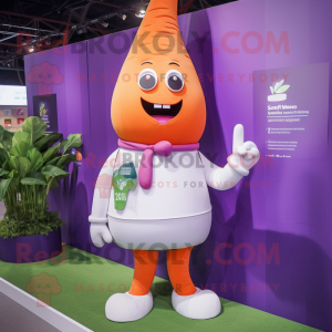 Lavender Carrot mascot costume character dressed with a T-Shirt and Smartwatches