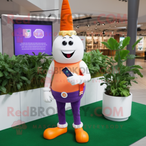 Lavender Carrot mascot costume character dressed with a T-Shirt and Smartwatches