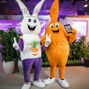 Lavender Carrot mascot costume character dressed with a T-Shirt and Smartwatches