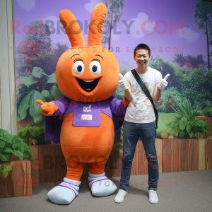 Lavender Carrot mascot costume character dressed with a T-Shirt and Smartwatches