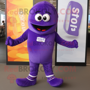 Purple Pesto Pasta mascot costume character dressed with a Jumpsuit and Shoe laces