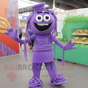 Purple Pesto Pasta mascot costume character dressed with a Jumpsuit and Shoe laces