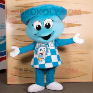 Cyan Pizza mascot costume character dressed with a Capri Pants and Hat pins