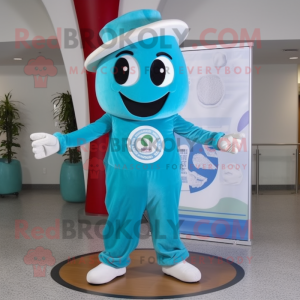 Cyan Pizza mascot costume character dressed with a Capri Pants and Hat pins