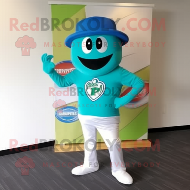 Cyan Pizza mascot costume character dressed with a Capri Pants and Hat pins