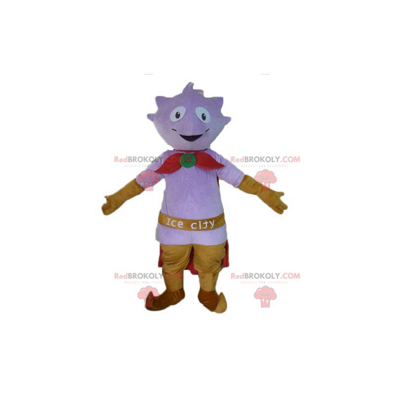 Little purple monster mascot with a cape and slippers -