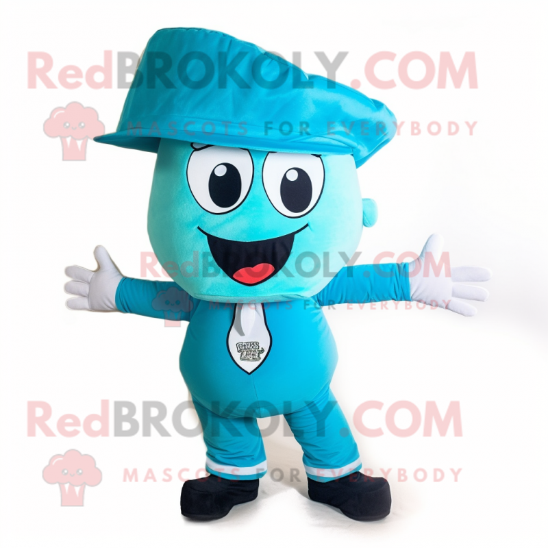 Cyan Pizza mascot costume character dressed with a Capri Pants and Hat pins