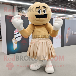 Beige Boxing Glove mascot costume character dressed with a Pleated Skirt and Bracelets