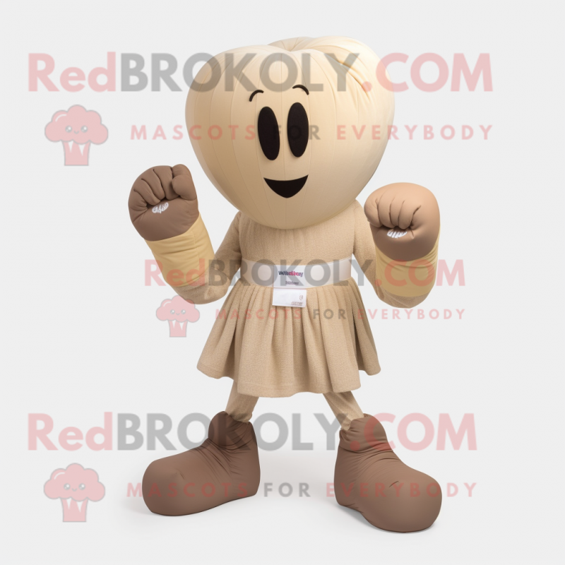 Beige Boxing Glove mascot costume character dressed with a Pleated Skirt and Bracelets