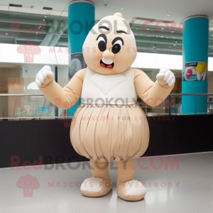 Beige Boxing Glove mascot costume character dressed with a Pleated Skirt and Bracelets