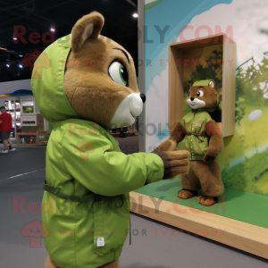 Olive Squirrel mascot costume character dressed with a Windbreaker and Watches