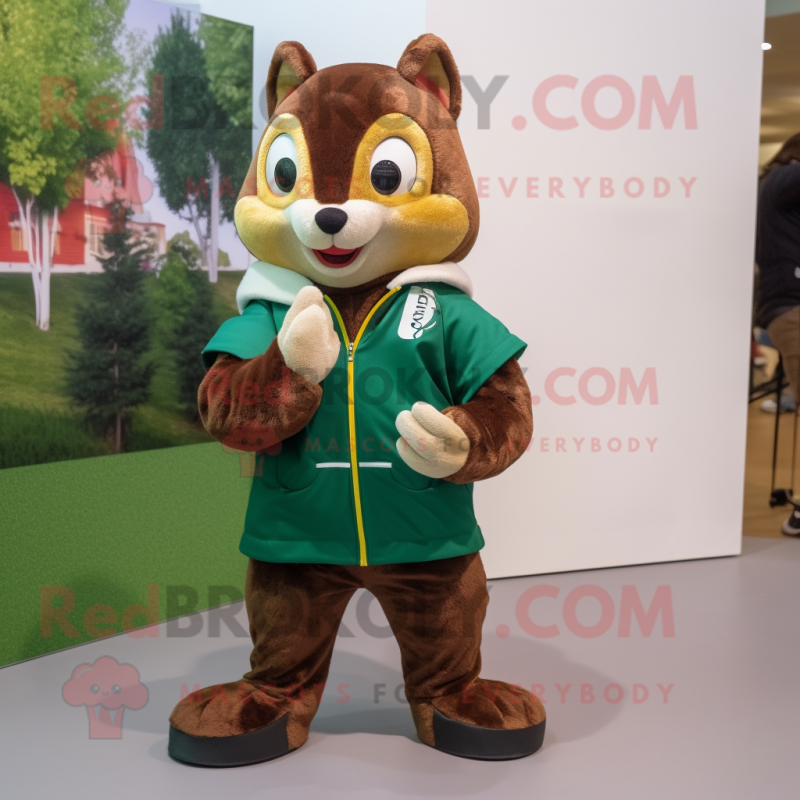 Olive Squirrel mascot costume character dressed with a Windbreaker and Watches Olive Squirrel mascot costume character dressed with a Windbreaker and Watches