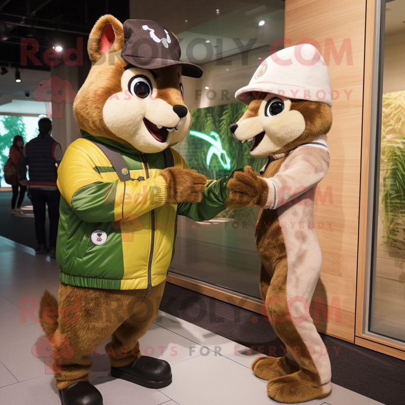 Olive Squirrel mascot costume character dressed with a Windbreaker and Watches