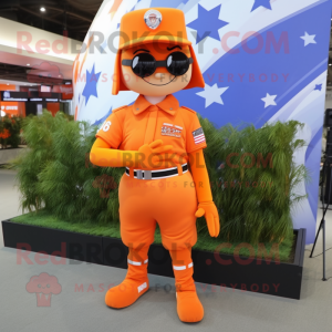 Orange American Soldier mascot costume character dressed with a Mini Skirt and Bracelets