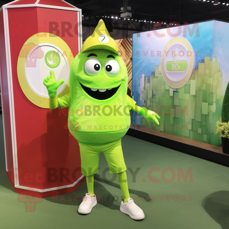 Lime Green Shakshuka mascot costume character dressed with a Polo Tee and Bracelet watches Lime Green Shakshuka mascot costume character dressed with a Polo Tee and Bracelet watches