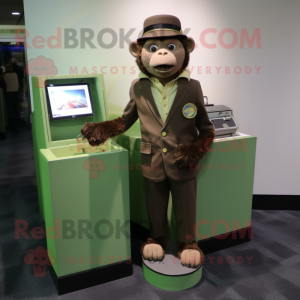 Olive Capuchin Monkey mascot costume character dressed with a Suit Jacket and Coin purses