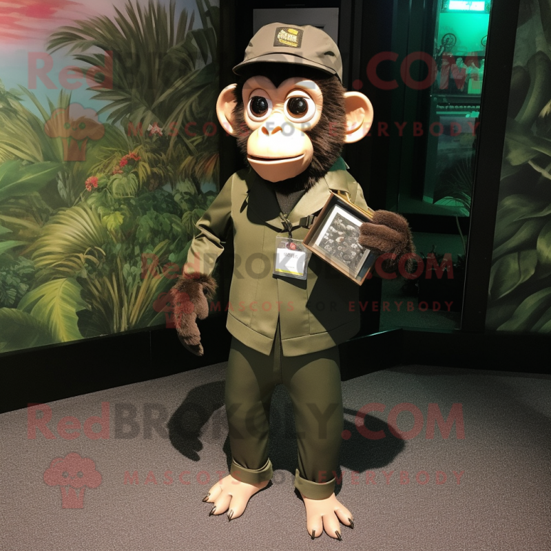 Olive Capuchin Monkey mascot costume character dressed with a Suit Jacket and Coin purses