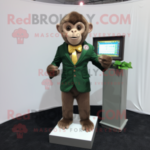 Olive Capuchin Monkey mascot costume character dressed with a Suit Jacket and Coin purses