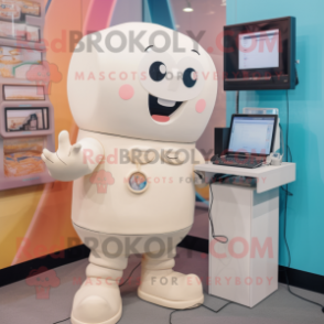 Cream Computer mascot costume character dressed with a Romper and Brooches