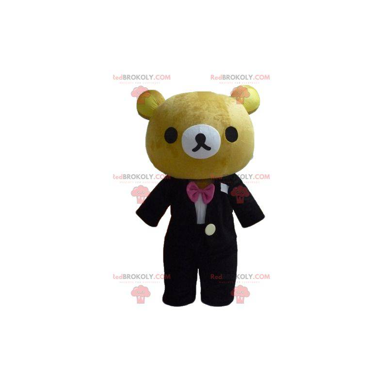 Grote bruine teddybeer mascotte gekleed in een mooi zwart