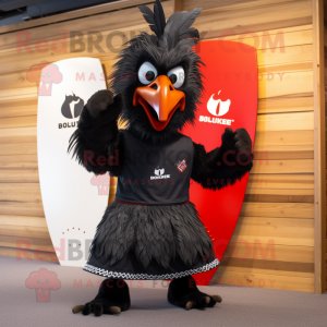 Black Roosters mascot costume character dressed with a Board Shorts and Wraps