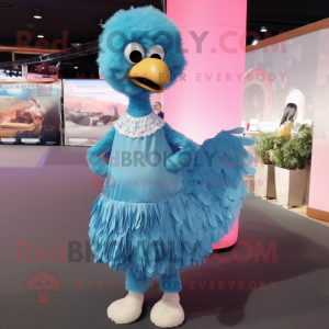 Sky Blue Ostrich mascot costume character dressed with a Wrap Dress and Headbands