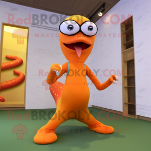 Orange Snake mascot costume character dressed with a Yoga Pants and Eyeglasses