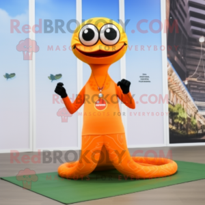 Orange Snake mascot costume character dressed with a Yoga Pants and Eyeglasses