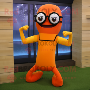 Orange Snake mascot costume character dressed with a Yoga Pants and Eyeglasses