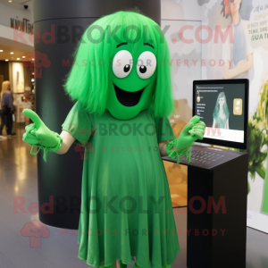 Forest Green Ghost mascot costume character dressed with a Playsuit and Hair clips