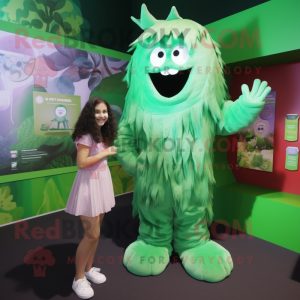 Forest Green Ghost mascot costume character dressed with a Playsuit and Hair clips