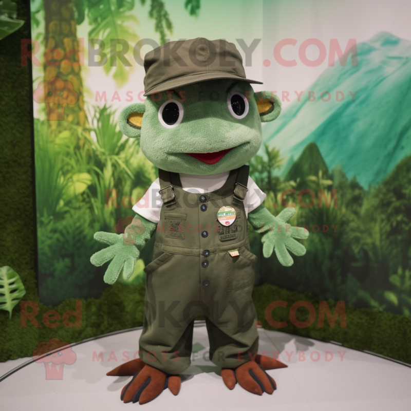 Forest Green Axolotls mascot costume character dressed with a Overalls and Hat pins Forest Green Axolotls mascot costume character dressed with a Overalls and Hat pins