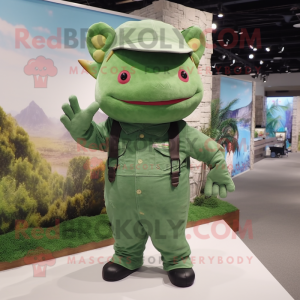 Forest Green Axolotls mascot costume character dressed with a Overalls and Hat pins