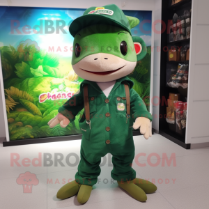 Forest Green Axolotls mascot costume character dressed with a Overalls and Hat pins