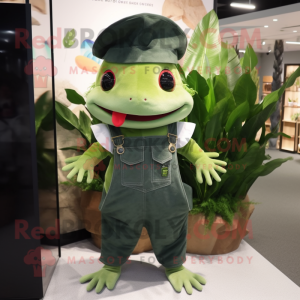 Forest Green Axolotls mascot costume character dressed with a Overalls and Hat pins