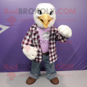 Lavender Bald Eagle mascot costume character dressed with a Flannel Shirt and Keychains