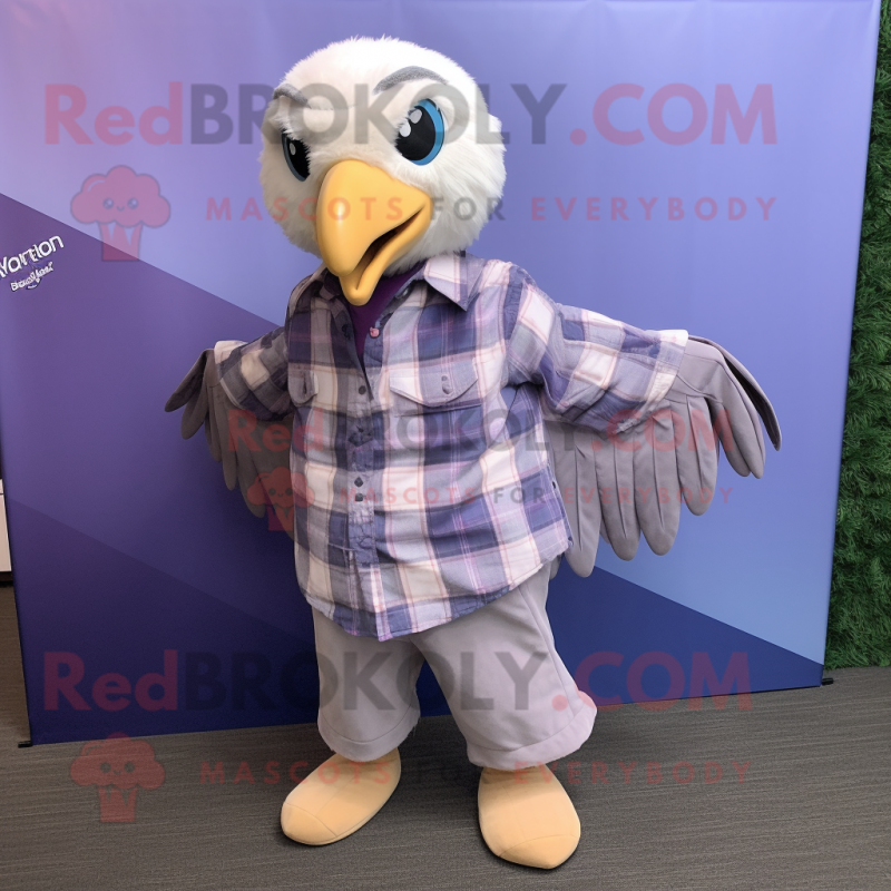 Lavender Bald Eagle mascot costume character dressed with a Flannel Shirt and Keychains