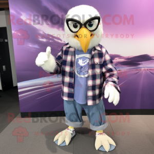 Lavender Bald Eagle mascot costume character dressed with a Flannel Shirt and Keychains