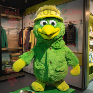 Green Canary mascot costume character dressed with a Corduroy Pants and Mittens
