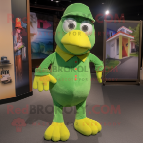 Green Canary mascot costume character dressed with a Corduroy Pants and Mittens