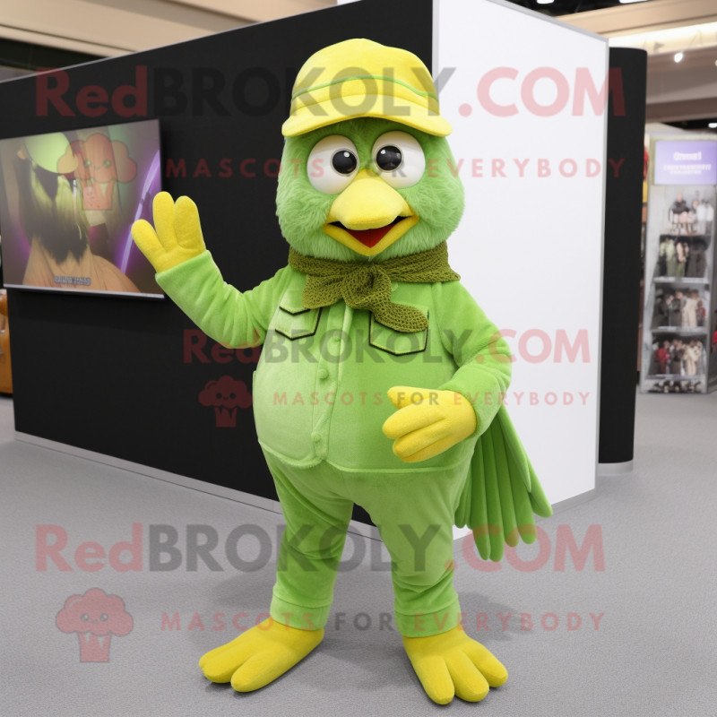 Green Canary mascot costume character dressed with a Corduroy Pants and Mittens Green Canary mascot costume character dressed with a Corduroy Pants and Mittens