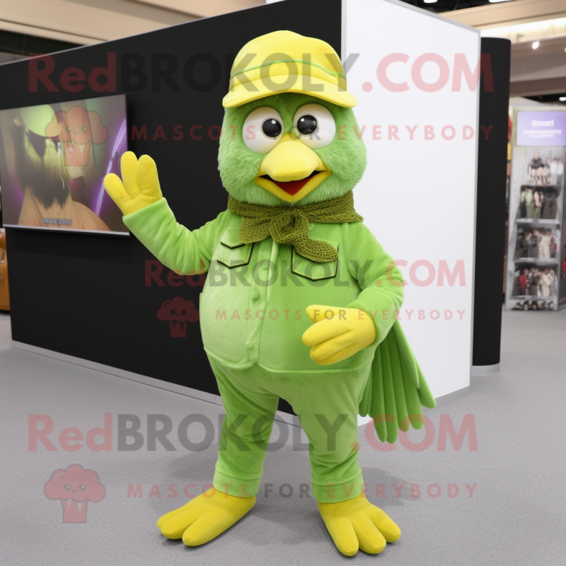 Green Canary mascot costume character dressed with a Corduroy Pants and Mittens