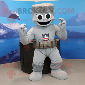 Gray American Soldier mascot costume character dressed with a One-Piece Swimsuit and Belts