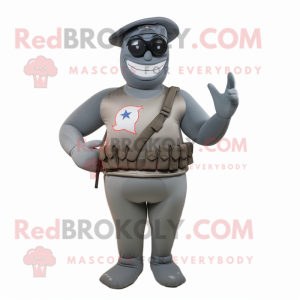 Gray American Soldier mascot costume character dressed with a One-Piece Swimsuit and Belts