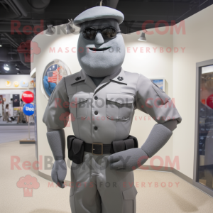 Gray American Soldier mascot costume character dressed with a One-Piece Swimsuit and Belts